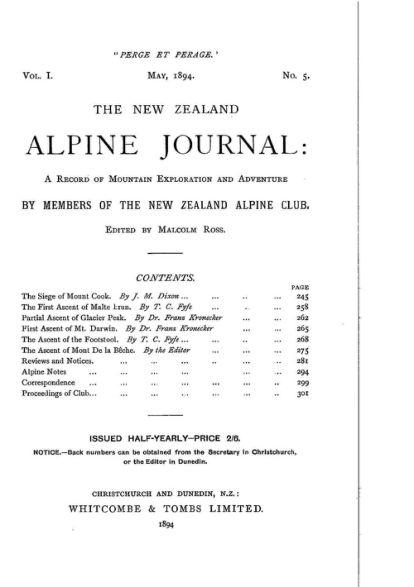 New Zealand Alpine Journal 1894 Vol 1 No 5 cover